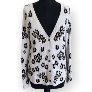 CAbi Cardigan Leopard Print V-Neck Knit Cotton Grey Size Small